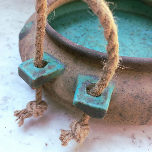 Ceramic platter with rope handles, turquoise interior, like new