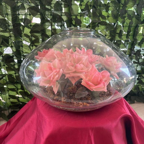 Decorative glass vase terrarium with pink flowers like new