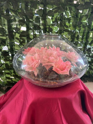 Decorative glass vase terrarium with pink flowers like new