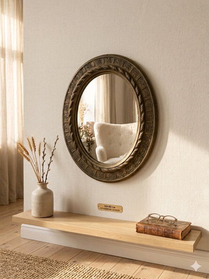 Oval mirror with carved wooden base, vintage