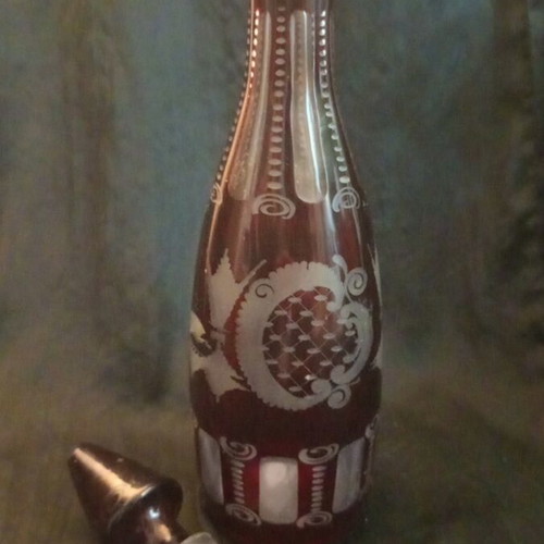 Vintage Egermann Ruby Cut to Clear Crystal Decanter with Stopper