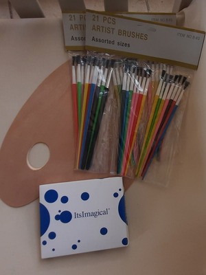 Painting set with wooden palette, watercolors and brushes new