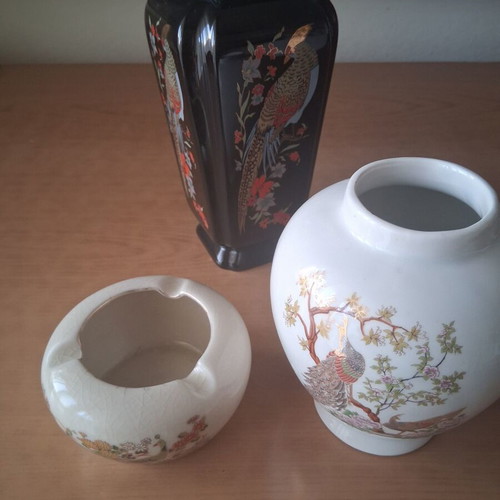 Vintage Asian Porcelain Set - 2 Vases & Ashtray (Satsuma / Oriental Style)