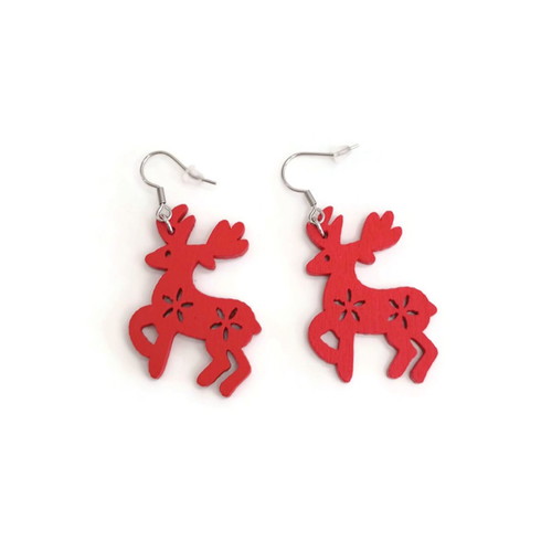 Wooden reindeer earrings new, red with stainless steel hooks