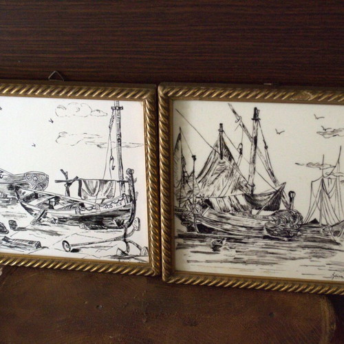 Mediterranean Coastal Ceramic Tile Plaques used, pair 1954