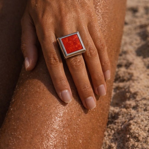 Sterling silver 925 ring with red coral stone used