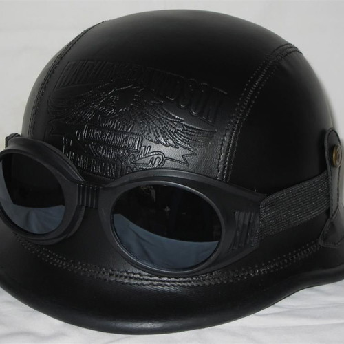 Luis handmade vintage motorcycle helmet with goggles, black matte, size L