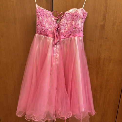 Maestri pink cocktail dress with lace embroidery and tulle, strapless