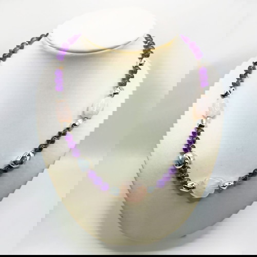 Ασημένιο 925 κολιέ καινούργιο με ροζ χαλαζίες και αμέθυστους 53 εκ