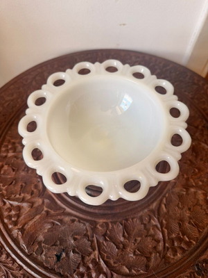 Vintage white milk glass pedestal bowl with open lace edge, like new