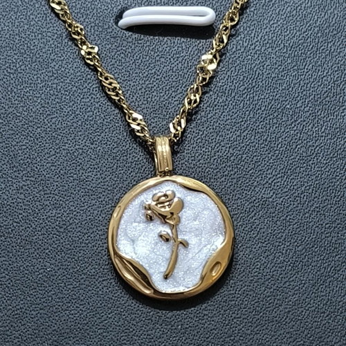 Necklace with Rose and White Pendant, Gold Color