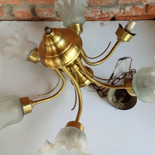 Brass 6-Light Vintage Ceiling Lamp used, 1970s with opaline shades
