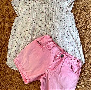 Σετ παιδικό για κορίτσι 2-3 ετών 98 cm τζιν ροζ σορτς και μπλουζοπουκάμισο λευκό με ροζ λουλούδια