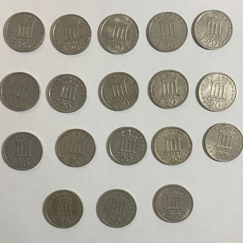 Greek Coins 20 Drachmai 1976-1988, like new, lot of 33 pcs