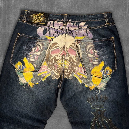 Christian Audigier Day of the Dead baggy jeans XL like new, black