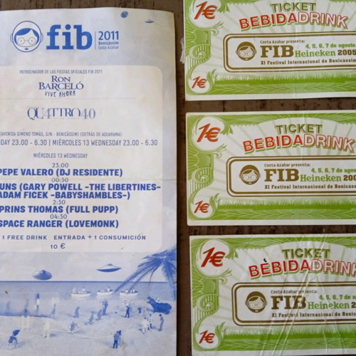 Fib Festival Benicassim 2005 and 2011 collectible tickets and wristbands used