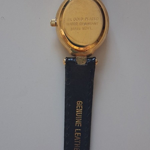 Vintage οβάλ ρολόι χειρός Quartz LS επίχρυσο (18Κ) με στρας και δερμάτινο λουράκι μεταχειρισμένο