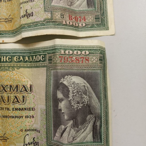 Set of three 1000 Drachmai banknotes used, 1930s decade