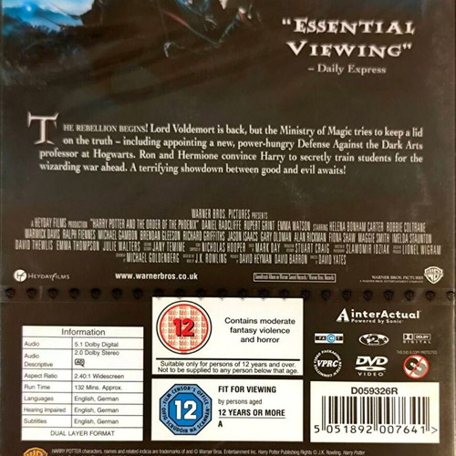 Harry Potter and the Order of the Phoenix DVD, sealed, English subtitles