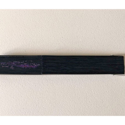 Handpainted fan used, black with floral design, wood and textile