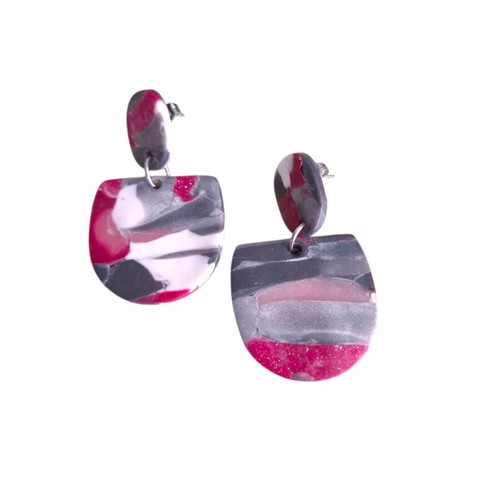 Handmade polymer clay earrings with steel posts, like new, pink and gray