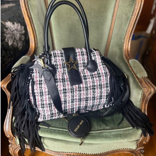 Shop Art shoulder bag new with fringes and tweed design