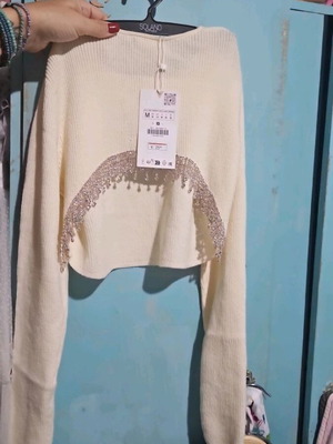 Zara crop ριμπ μπλουζάκι με μακριά μανίκια σε μπεζ, μέγεθος M