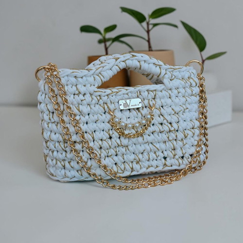 Handmade white crossbody bag with gold details