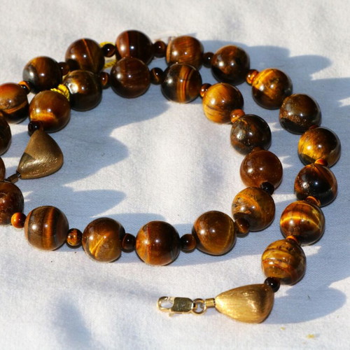 Gold Tiger Eye Necklace 14K 585 New with Safety Clasp