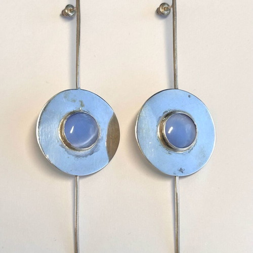 Handmade Georgian modernist earrings with blue cat’s eye stone used