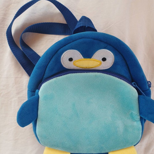 Penguin baby backpack, blue and yellow