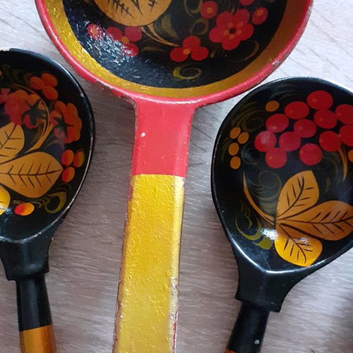 Vintage Russian wooden spoons set used, hand-painted