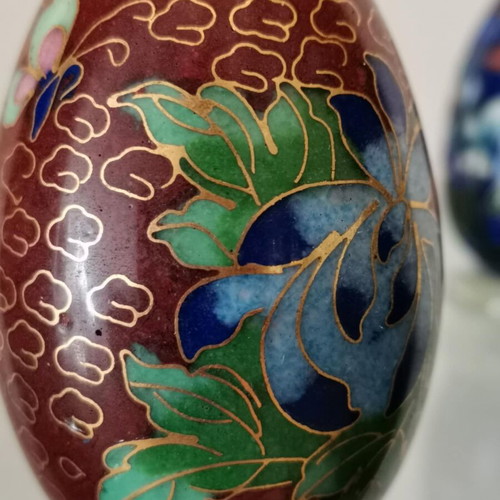 Cloisonne egg set used with enamel, burgundy and blue colors