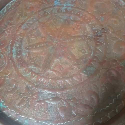 Copper tray used, engraved, 60 cm diameter