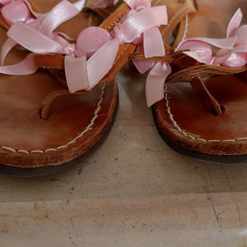 Leather sandals used, Greek made, size 40, pink with beads and ribbons