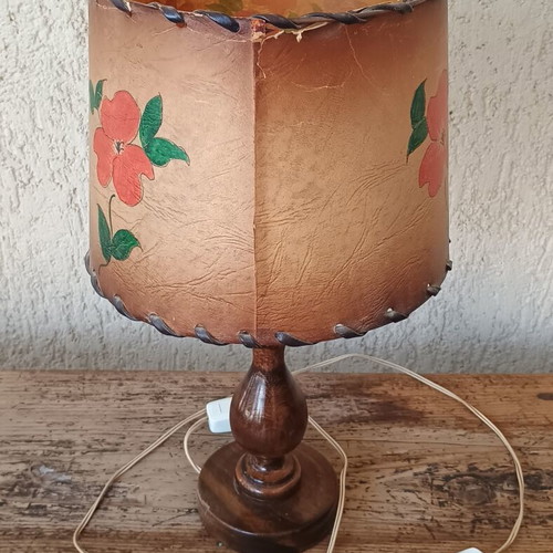 Vintage handmade wooden table lamp with paper shade used