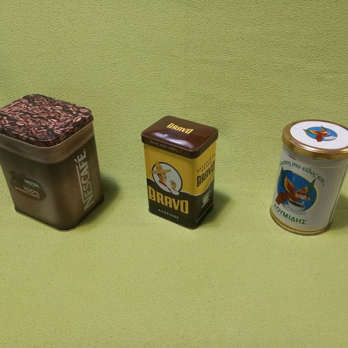 Collectible metal coffee tins Lumidis, Bravo, Nescafe, used set of 3
