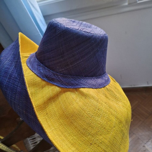 Handmade Raffia Hat Madagascar with Wide Brim new, blue and yellow