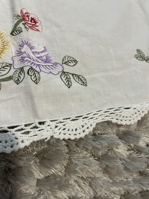 Square white embroidered table linen with handmade lace like new