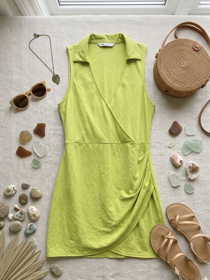Zara Mini Dress in Vibrant Lime Color New, Wrap Style with Collar