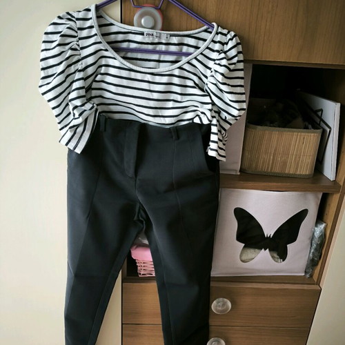 Zara pants with pink woman striped top, like new