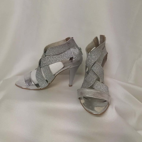 Dvno silver leather sandals used, size 38, 8cm heel