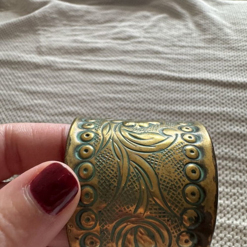 Vintage wide brass cuff bracelet with embossed floral pattern, like new