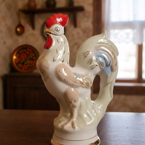 Vintage GFZ USSR collectible porcelain decanter rooster 1950s-60s