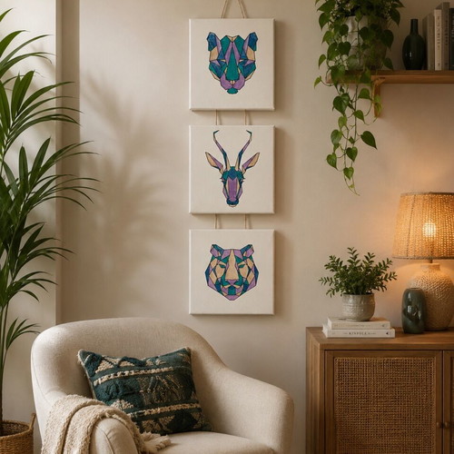 Set of 3 geometric animal canvases like new, Scandinavian & Boho decor