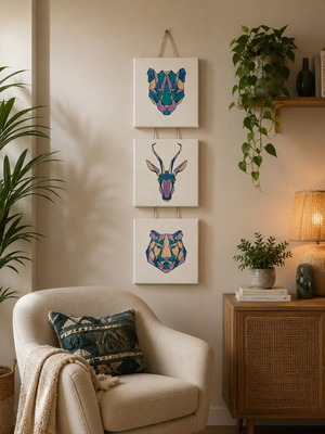 Set of 3 geometric animal canvases like new, Scandinavian & Boho decor