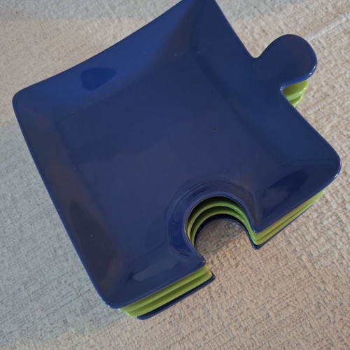 Puzzle Ceramic Snack Plates Set of 4 in Blue and Green