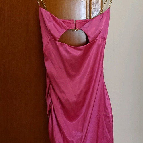 Satin fuchsia dress Marmalady like new with gathers and gold straps