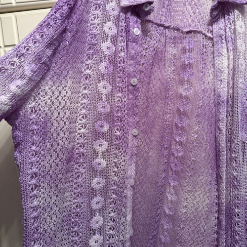 MADE Button-Down Top like new, sheer embroidered purple lace mesh