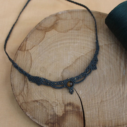 Macrame necklace green with tiger eye gemstone and bronze beads new
